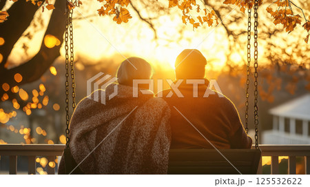 Seniors Sitting Together Watching Sunset Wrapped in Cozy Blanket 125532622