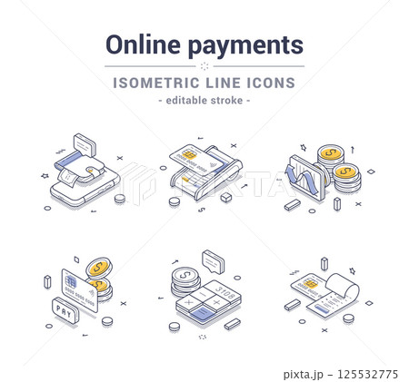 Isometric line icons set for online payments in digital transactions and finance operations Isometric line icons set for online payments in digital transactions and finance operations 125532775