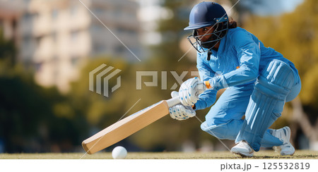Female cricketer in blue uniform playing cricket on sports field, focused and determined action 125532819