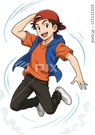 ダンス｜ジャンプする笑顔の男子ダンサー（アニメ風イラスト） 125532858
