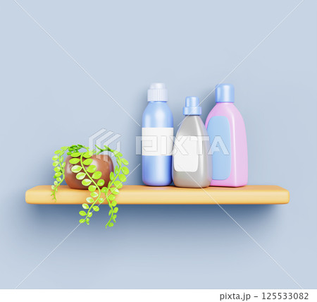 3d wooden shelf with detergent bottles and plant in pot on blue wall background. Realistic render of bathroom or laundry room interior, home storage furniture with cleaning products. 3D illustration 125533082