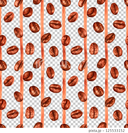 Seamless pattern of coffee beans on vertical stripes background. Aroma of Robusta and Arabica varieties. Watercolor illustration. Hand drawn design for fabric, textile, paper, wallpaper. Coffee day Seamless pattern of coffee beans on vertical stripes background. Aroma of Robusta and Arabica varieties. Watercolor illustration. Hand drawn design for fabric, textile, paper, wallpaper. Coffee day 125533152