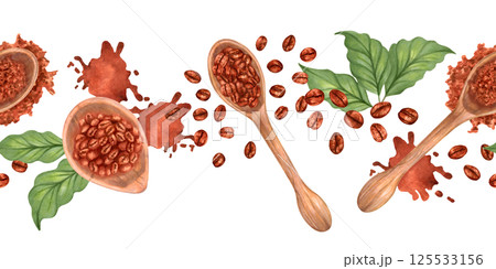 Seamless border of coffee beans in wooden spoons scattered on background with leaves, coffee grounds, traces of spilled coffee. Hand drawn isolated watercolor illustration. Packaging, cookbooks, menu 125533156