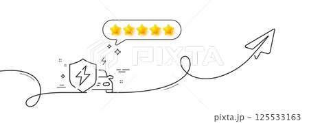 Car charging line icon. Continuous line with share plane. EV vehicle charge sign. Electric power shield symbol. Five star rate review in speech bubble. Car charging single line ribbon. Vector Car charging line icon. Continuous line with share plane. EV vehicle charge sign. Electric power shield symbol. Five star rate review in speech bubble. Car charging single line ribbon. Vector 125533163