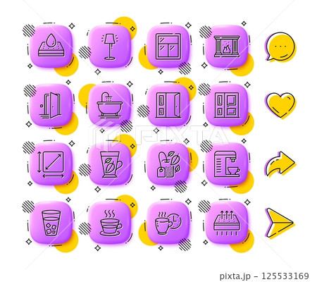 Coffee cup, Coffee machine and Open door line icons. App 3d buttons. Social media comment, share, like icons. Pack of Stand lamp, Door, Window icon. Vector Coffee cup, Coffee machine and Open door line icons. App 3d buttons. Social media comment, share, like icons. Pack of Stand lamp, Door, Window icon. Vector 125533169