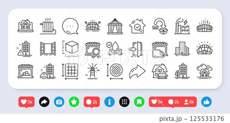 Lighthouse, Moving service and Radiator line icons pack. Social media: share, comment, like icons. Construction building, Buildings, Building warning web icon. Vector 125533176