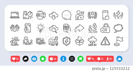 Web3, Lock and Return package line icons pack. Social media: share, comment, like icons. Augmented reality, Recovery phone, Warning web icon. Safe time, Cloud computing, Power safety pictogram. Vector 125533212