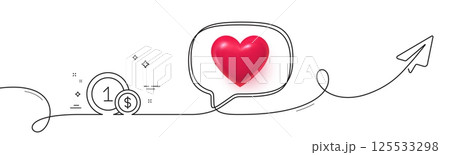 Coins line icon. Continuous line with share plane. Money sign. Dollar currency symbol. Cash payment method. 3d heart in speech bubble. Usd coins single line ribbon. Loop curve pattern. Vector 125533298