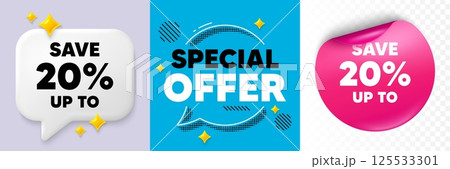 Discount speech bubble. 3d sparkles chat, Paper sticker. Save up to 20 percent tag. Discount Sale offer price sign. Special offer symbol. Special offer bubble. Halftone dots pattern. Vector 125533301