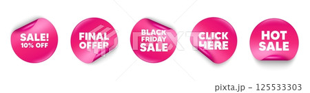 Sale sticker tag. Click here, Black friday paper price banners. Sale 10 percent off discount. Promotion price offer sign. Retail badge symbol. Hot sale sticker. Promo banners. Vector 125533303