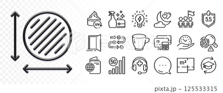 Tea cup, Circle area and 5g wifi line icons for web app. Glare of light effect. Message icon. Pack of Continuing education, Open door, Fingerprint pictogram icons. Vector 125533315
