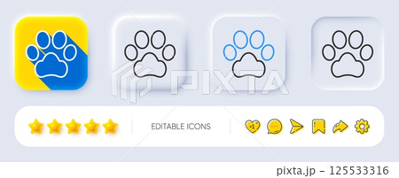 Dog paw line icon. Neumorphic, Flat shadow, 3d buttons. Pets care sign. Animal step symbol. Line dog paw icon. Social media icons. Vector 125533316