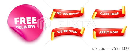 Free delivery sticker, offer ribbons. Apply now, Did you know. Free delivery tag. Shipping and cargo service message. Business order icon. Pink sticker tag. Flag ribbon banners. Vector 125533328