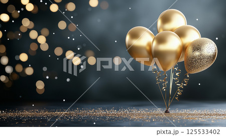Luxurious golden balloons on dark festive background with sparkles and bokeh, perfect for elegant celebration designs 125533402