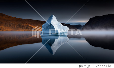 Majestic iceberg floating on mirror-like water between rugged cliffs under a moody sky with soft morning mist 125533418