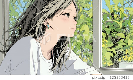 じっと遠くを見つめている若い女性