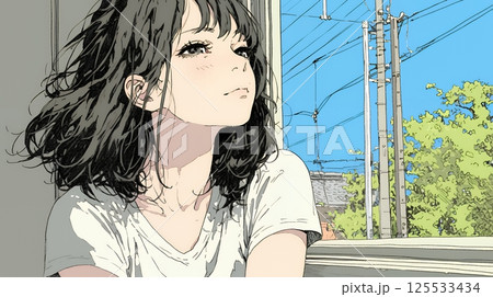 じっと遠くを見つめている若い女性