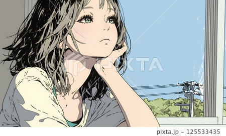 じっと遠くを見つめている若い女性