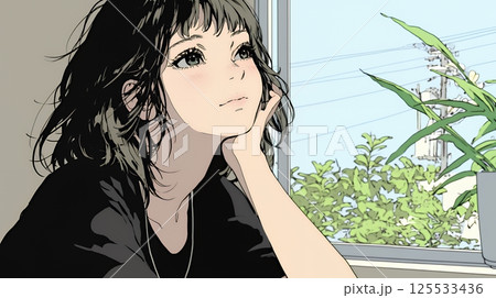 じっと遠くを見つめている若い女性