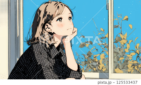 じっと遠くを見つめている若い女性