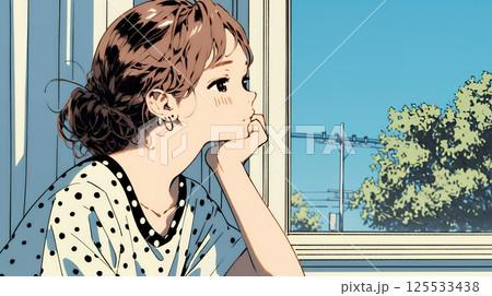 じっと遠くを見つめている若い女性
