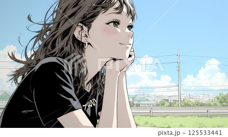 じっと遠くを見つめている若い女性 125533441