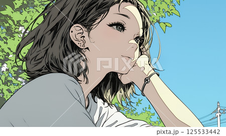 じっと遠くを見つめている若い女性