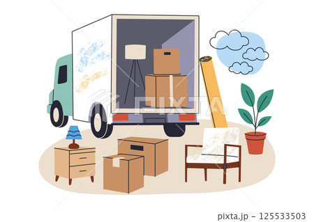 Flat cartoon illustration of moving truck loaded with furniture and boxes, home items placed in front of vehicle, movers service, vector composition of relocation and new beginnings Flat cartoon illustration of moving truck loaded with furniture and boxes, home items placed in front of vehicle, movers service, vector composition of relocation and new beginnings 125533503