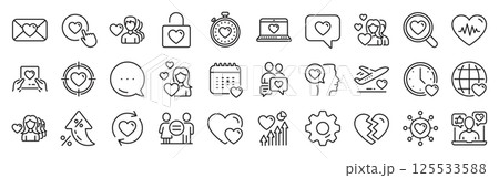 Love line icons. Settings gear, Message, Inflation icons. Couple, Romantic and Heart icons. Valentines day love symbols. Divorce or Break up heart, romantic couple. Vector 125533588