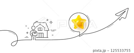 Delivery man line icon. Continuous line with share plane. Courier with package sign. Things deliver symbol. 3d star in speech bubble. Delivery man single line ribbon. Loop curve pattern. Vector 125533755