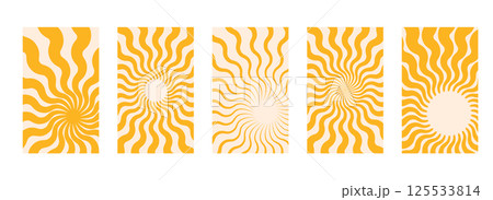 Yellow sun rays backgrounds set. Wavy rays in groovy style. Abstract sun burst poster. Psychedelic texture. 70s, 80s design. Radial wave lines. Vector illustration isolated on white background 125533814