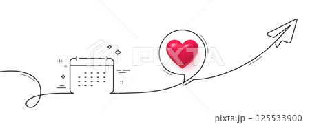 Calendar line icon. Continuous line with share plane. Annual planner sign. Event schedule symbol. 3d heart in speech bubble. Calendar single line ribbon. Loop curve pattern. Vector Calendar line icon. Continuous line with share plane. Annual planner sign. Event schedule symbol. 3d heart in speech bubble. Calendar single line ribbon. Loop curve pattern. Vector 125533900