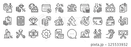 Tax line icons. Settings gear, Message, Inflation icons. Mortgage rate, Money credit and finance payroll set. Increase percent rate, return overpayment money, tax amount line icons. Vector Tax line icons. Settings gear, Message, Inflation icons. Mortgage rate, Money credit and finance payroll set. Increase percent rate, return overpayment money, tax amount line icons. Vector 125533932