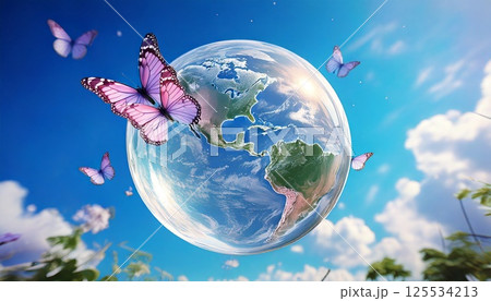 自然背景の中央で、蝶々が羽ばたき、ガラス玉や水滴のような地球に集まる3DCGイラスト 自然背景の中央で、蝶々が羽ばたき、ガラス玉や水滴のような地球に集まる3DCGイラスト 125534213