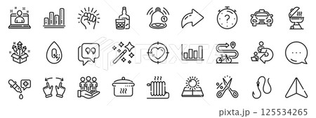 Whiskey glass, Quote bubble and Reminder line icons pack. Share, Message, Paper plane icons. Grill, Cut tax, Graph chart web icon. Sun energy, Delegate work, Best manager pictogram. Vector 125534265
