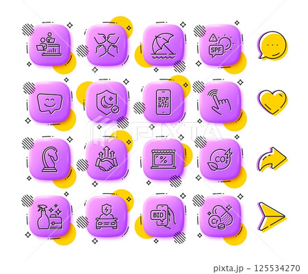 Marketing strategy, Car charging and Guard line icons. App 3d buttons. Social media comment, share, like icons. Pack of Beach umbrella, Smile face, Teamwork icon. Vector 125534270