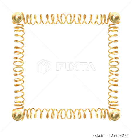 Gold frame from spiral curls and balls in vibrant collection of bows, ribbons. Hand-painted in watercolor with gold paint accents. Isolate elements are presented for decorating, designing textile 125534272