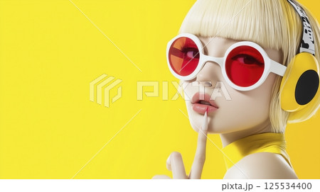 Beautiful fair-haired young sexy girl on yellow background. dj or or a music lover in sunglasses fun and listening to music in headphones. Girl face for music decor, dj, hobbies. Beautiful fair-haired young sexy girl on yellow background. dj or or a music lover in sunglasses fun and listening to music in headphones. Girl face for music decor, dj, hobbies. 125534400