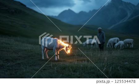 Magical glowing goat in twilight mountain pasture surreal livestock scene with shepherd in soft, misty background 125534478