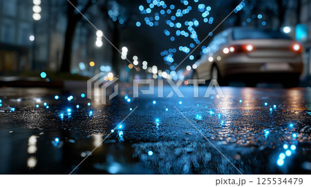 Glowing blue droplets on wet night street with bokeh lights and car - magical city rain and reflections scene 125534479