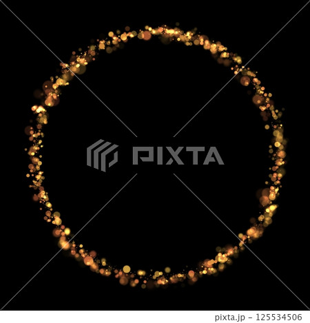 Gold sparkle or glitter lights effect round or circle frame, transparent light bokeh, isolated. Golden border, jewel deco art. Shining dust glowing confetti. Spark object. Png 125534506