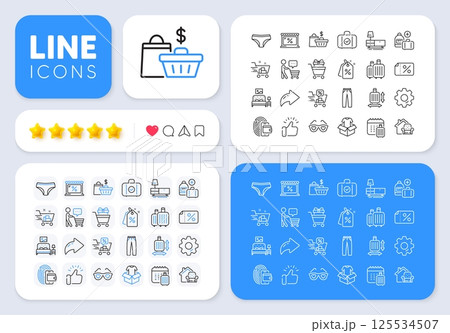Clothing, Add handbag and Furniture line icons for web app. Message, Share, Like social media icons. Pack of Wallet, Love glasses, Sale bags pictogram icons. Vector 125534507