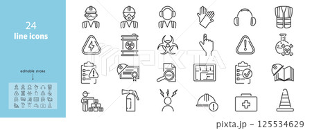 Line icon set illustrating workplace safety, fire protection, helmet use, and worker security. Includes evacuation plans, emergency response, accident prevention, and equipment standards. 125534629