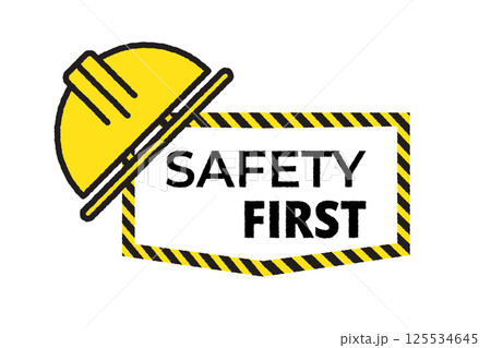 Safety first icon with caution sign and helmet. Construction vector for industrial protection, warning, and workplace security. 125534645