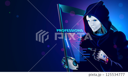 AI in the form of death with a scythe removes professions from the list. Professions are disappearing due to the arrival of artificial intelligence. lose jobs . Scary AI robot in a hood with a scythe. 125534777