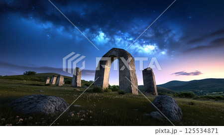 Ancient Ruins Under a Starry Milky Way Sky 125534871