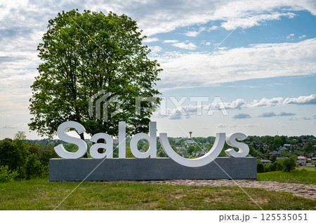 The Sign Saldus in city Saldus, Latvia. Billu Hill, the scenic viewpoint at the border of city The Sign Saldus in city Saldus, Latvia. Billu Hill, the scenic viewpoint at the border of city 125535051