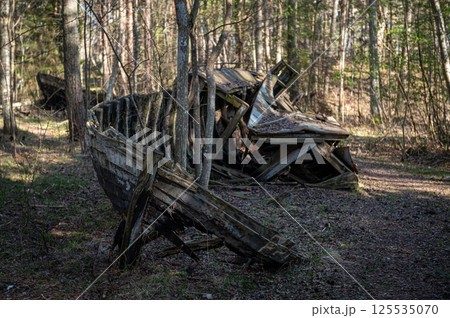Old abandoned wooden fishing boat in the forest. Boats cemetery. 125535070