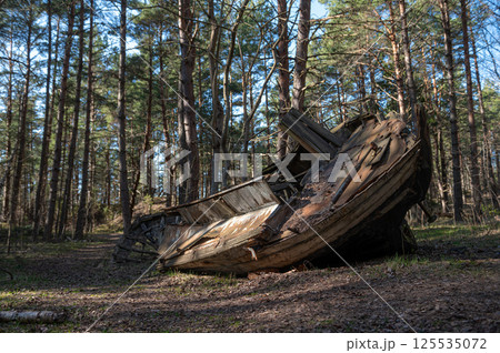 Old abandoned wooden fishing boat in the forest. Boats cemetery. 125535072