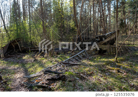 Old abandoned wooden fishing boat in the forest. Boats cemetery. Old abandoned wooden fishing boat in the forest. Boats cemetery. 125535076